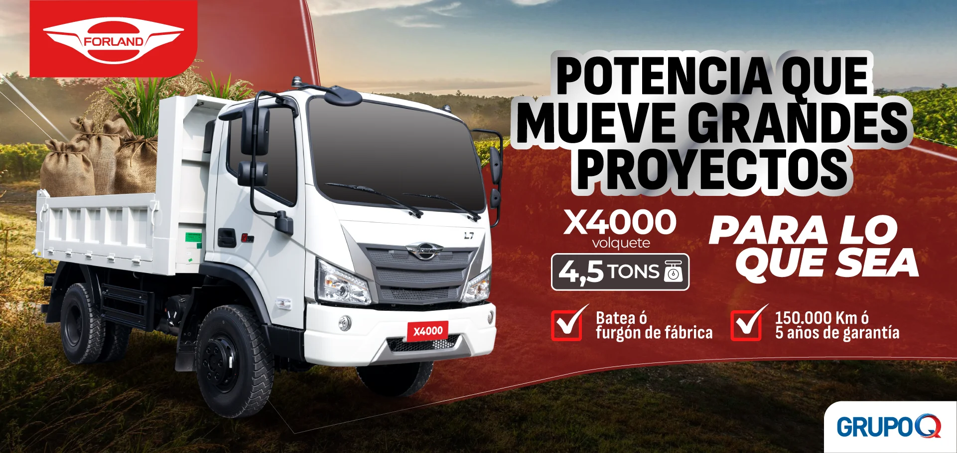 Forland X4000 VOLQUETE Costa Rica - Para lo que sea - Capacidad de carga 4.5 TON - Volquete incluida de fábrica - Tracción 4x4 - Garantía 5 años o 150000 km - Grupo Q