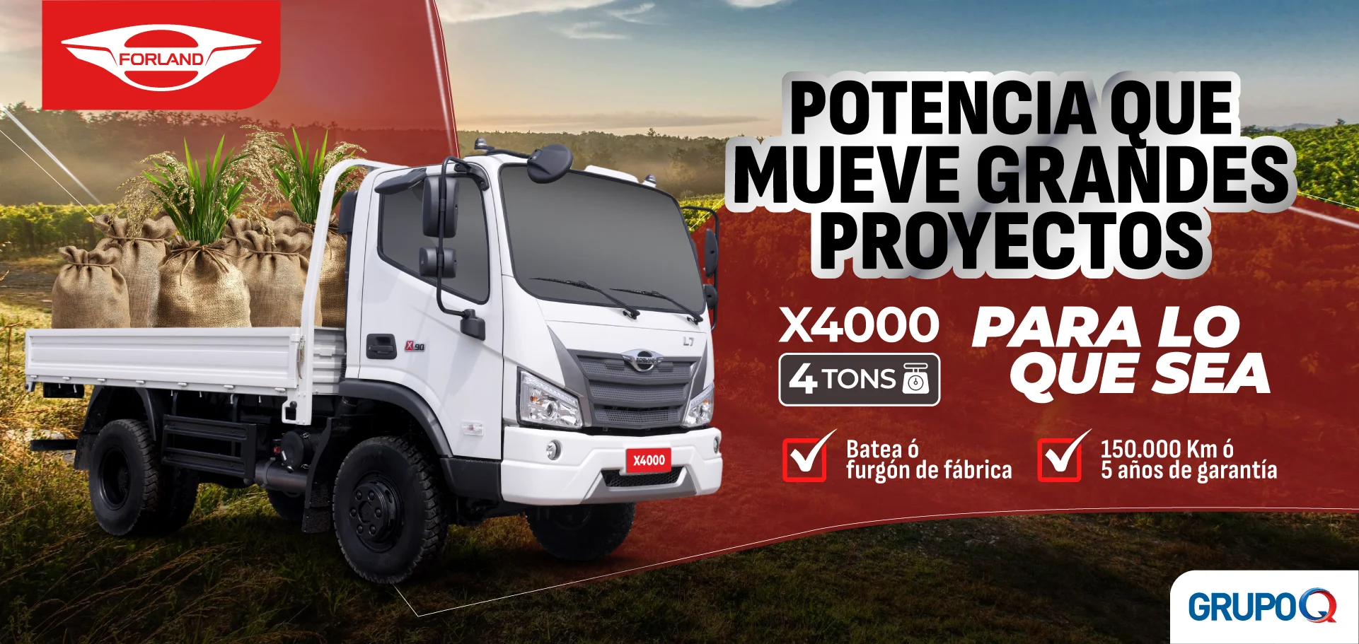 Forland X4000 Costa Rica - Para lo que sea - Capacidad de carga 4 TON - Batea incluida de fábrica - Tracción 4x4 - Garantía 5 años o 150000 km - Grupo Q